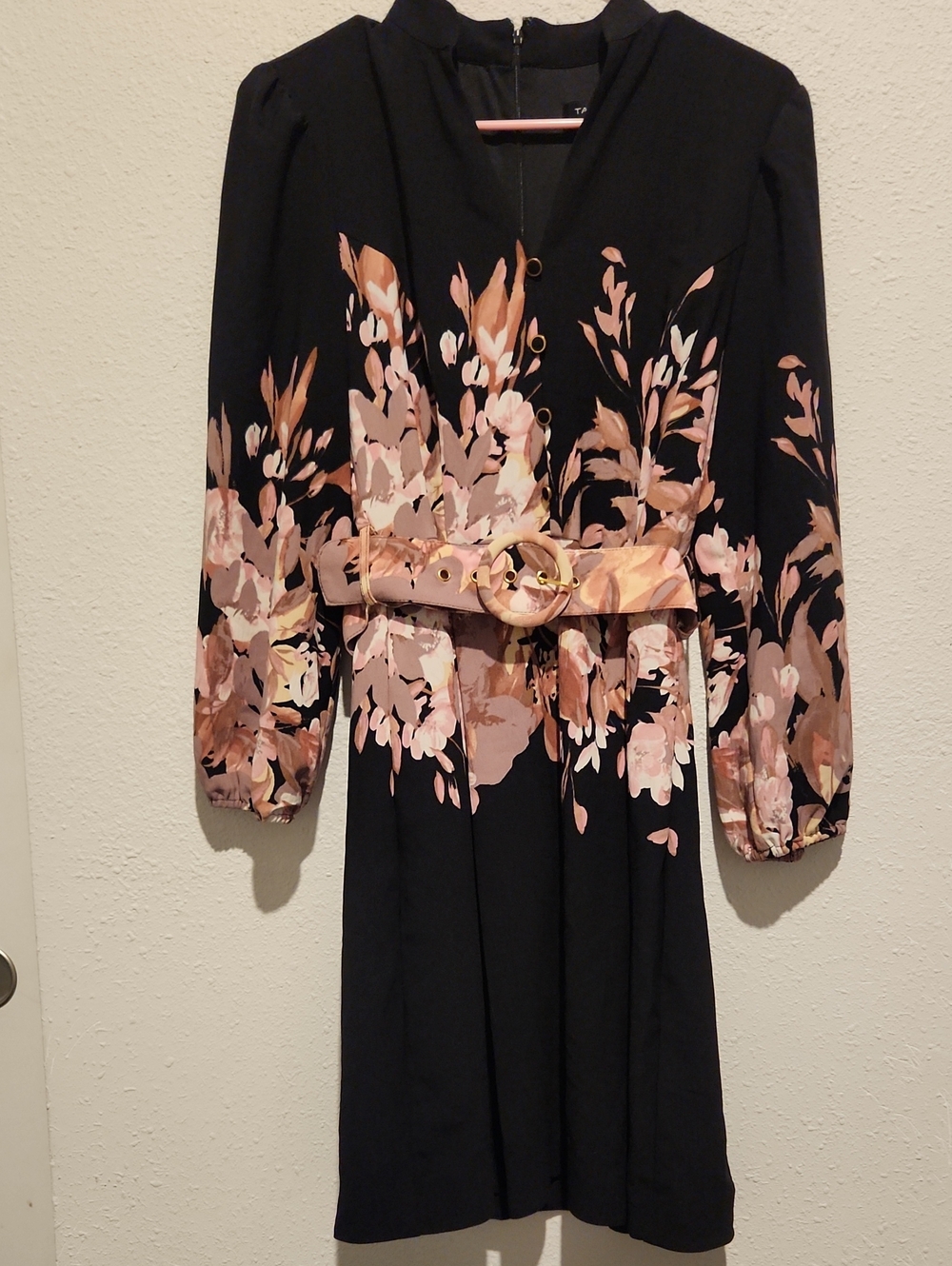 Tahari ASL Black Floral Border Belted Dress Sz 4 Balloon Sleeve
